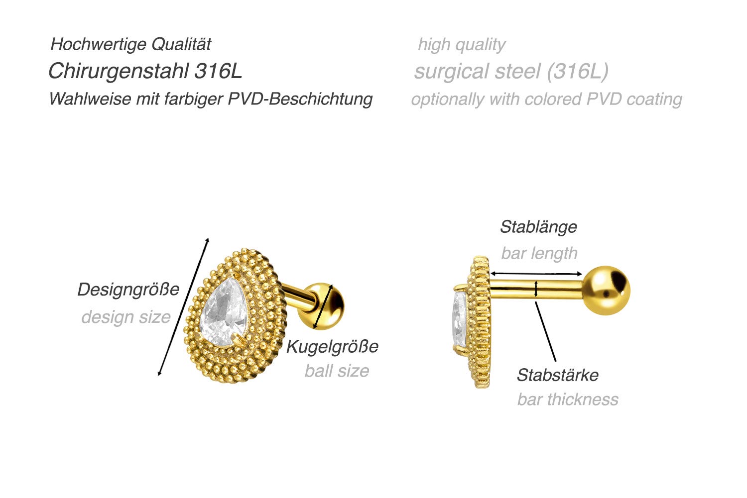 Chirurgenstahl Ohrpiercing TROPFEN + KRISTALL