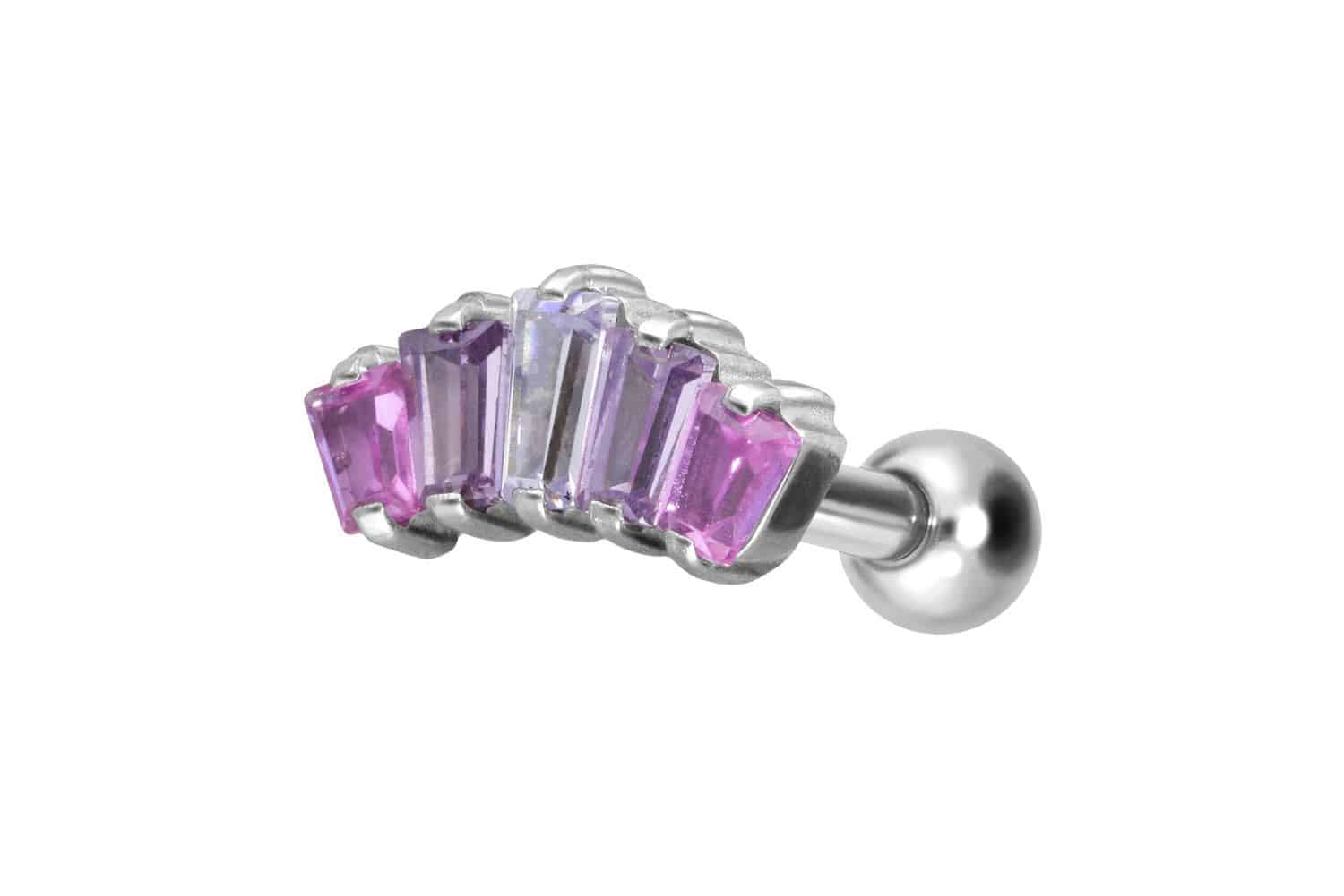 Titanium ear piercing with internal thread 5 SETTED CRYSTAL RECTANGLES