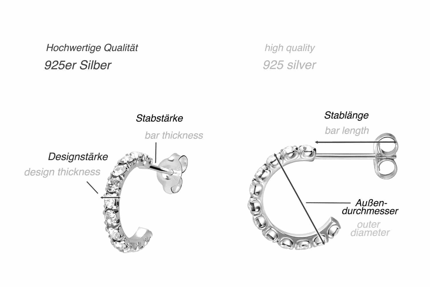 925er Silber Ohrstecker PLATINIERT + OFFENER RING MIT KRISTALLEN