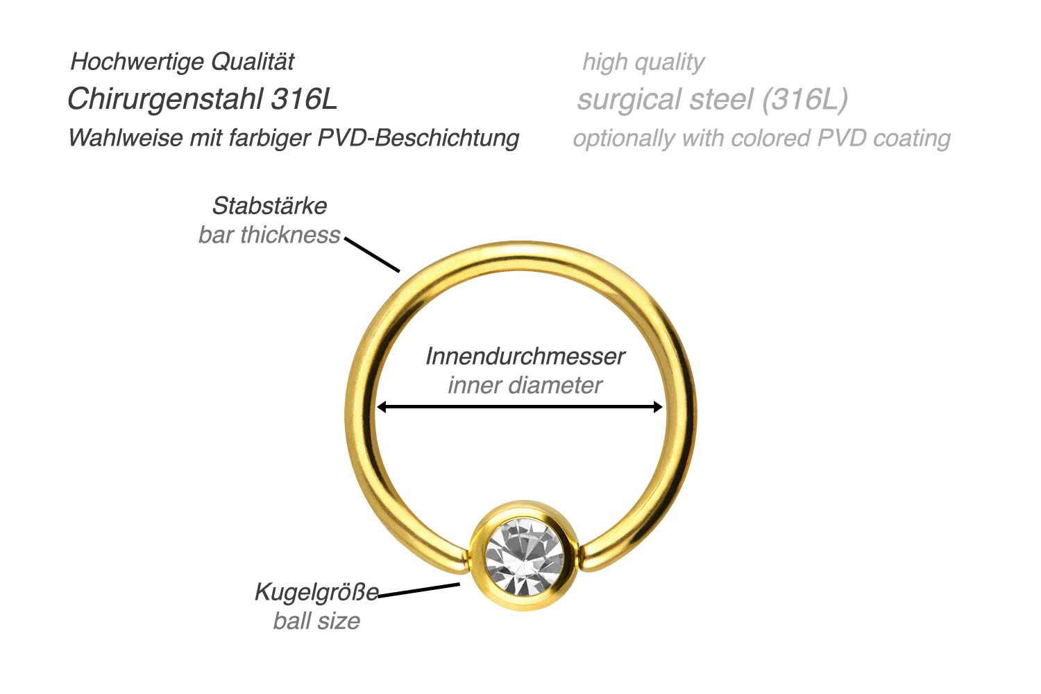 Chirurgenstahl Klemmkugelring KRISTALL
