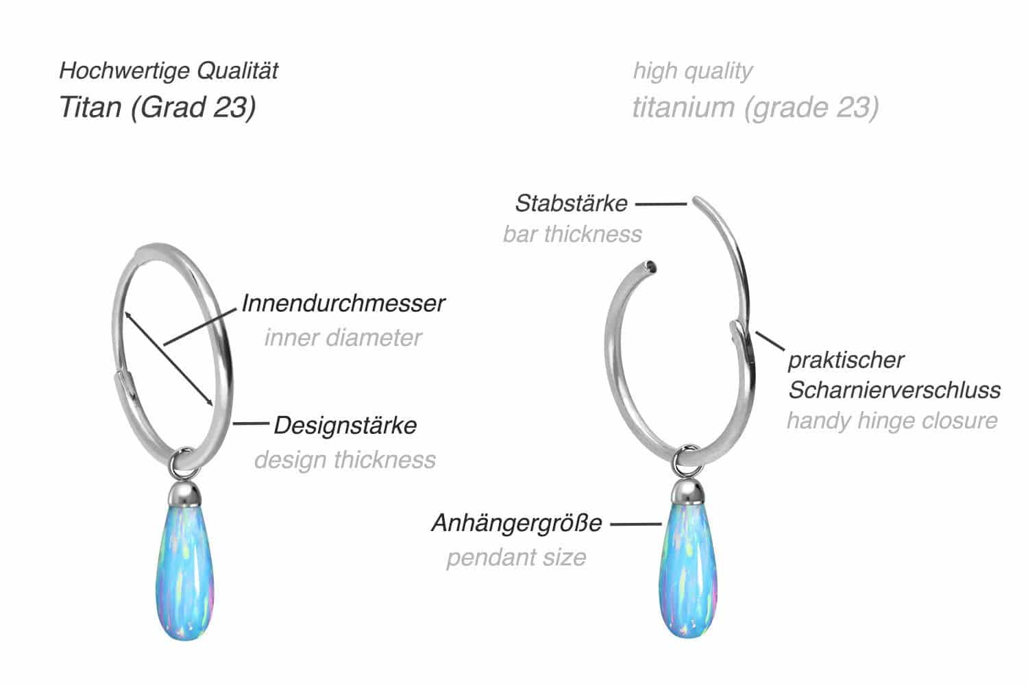 Titanium ear clicker creoles SYNTHETIC OPAL DROP