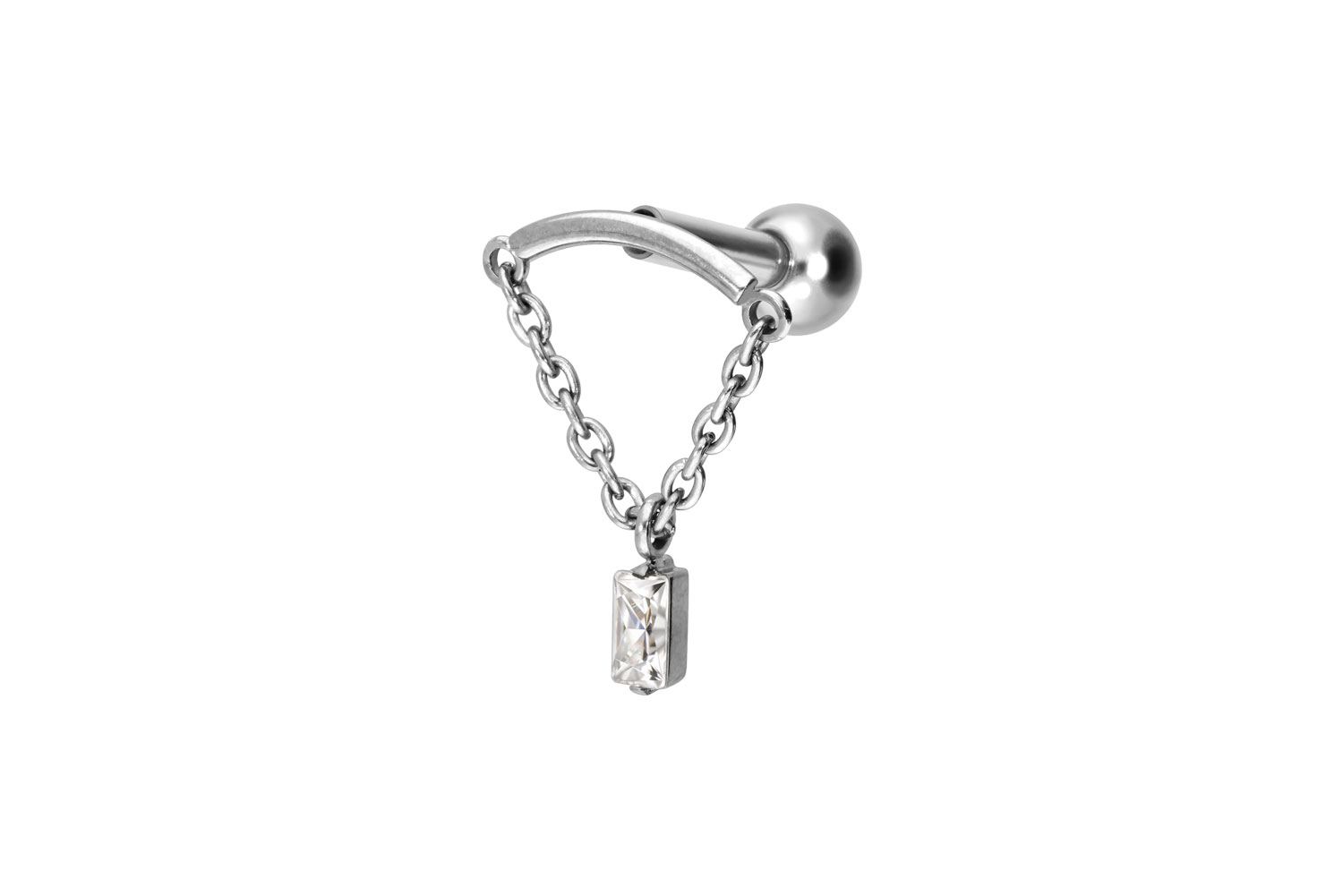 Titanium ear piercing with internal thread ARCH + CHAIN + CRYSTAL RECTANGLE