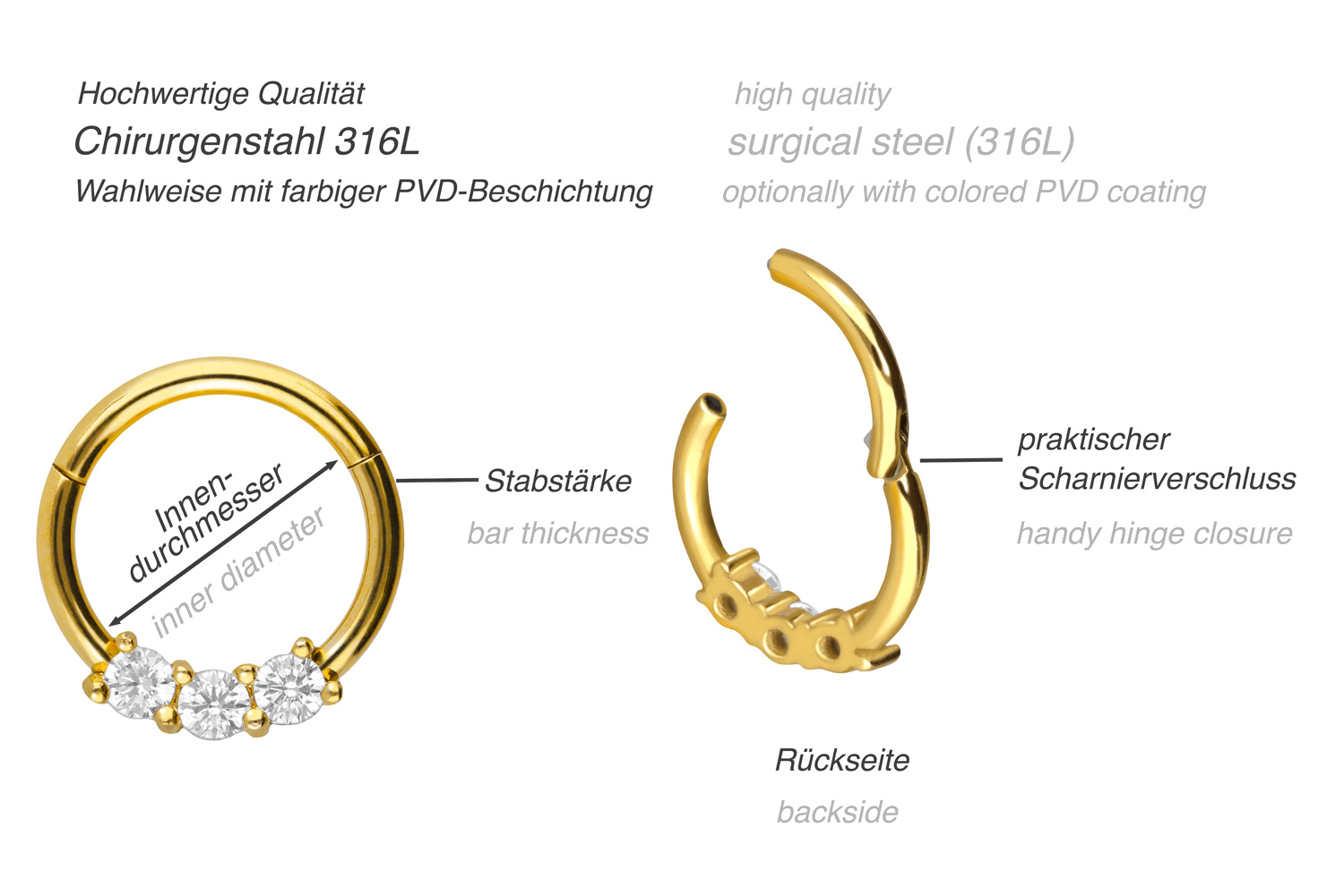 Surgical steel segment ring clicker 3 CRYSTALS