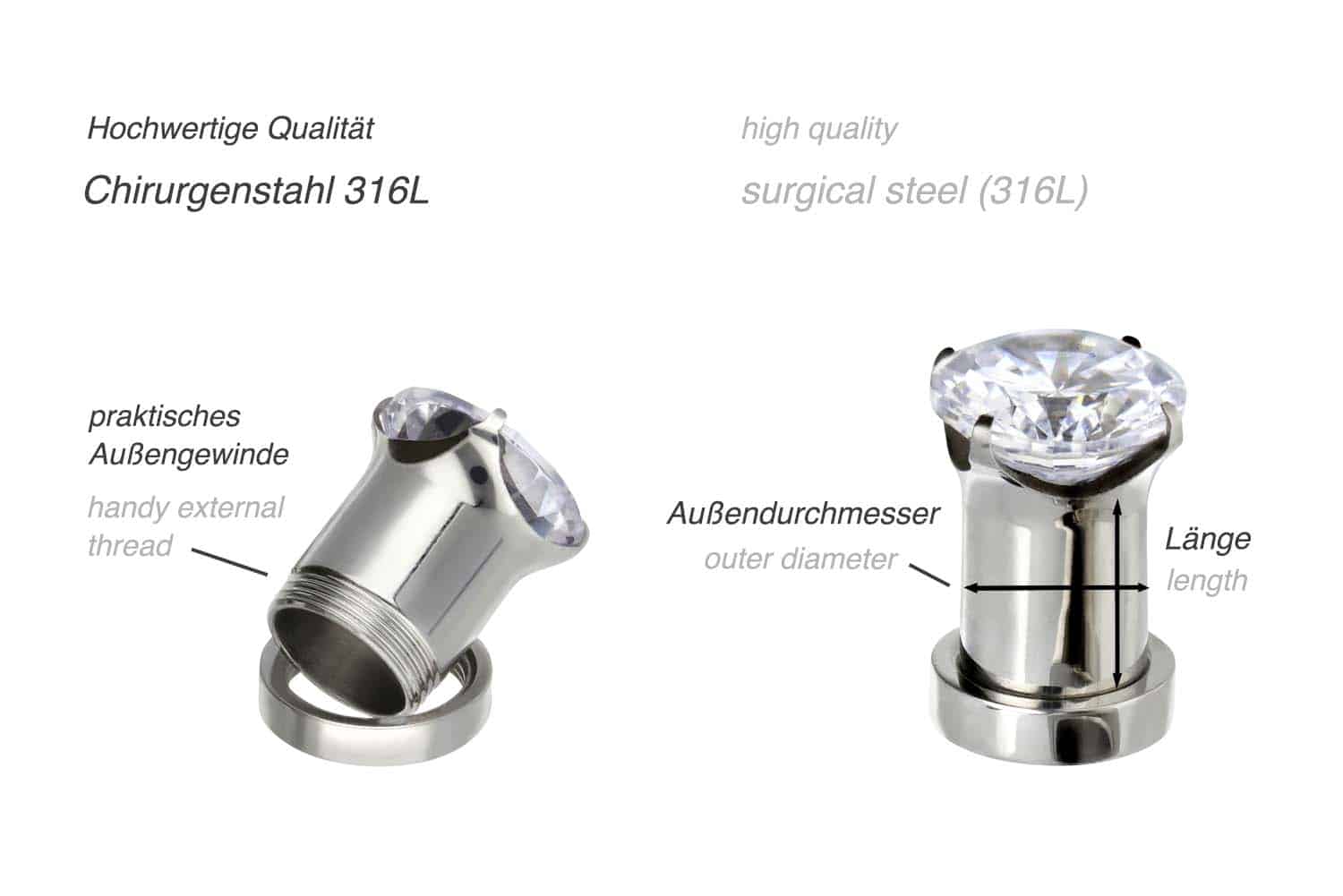 Surgical steel plug SETTED CRYSTAL