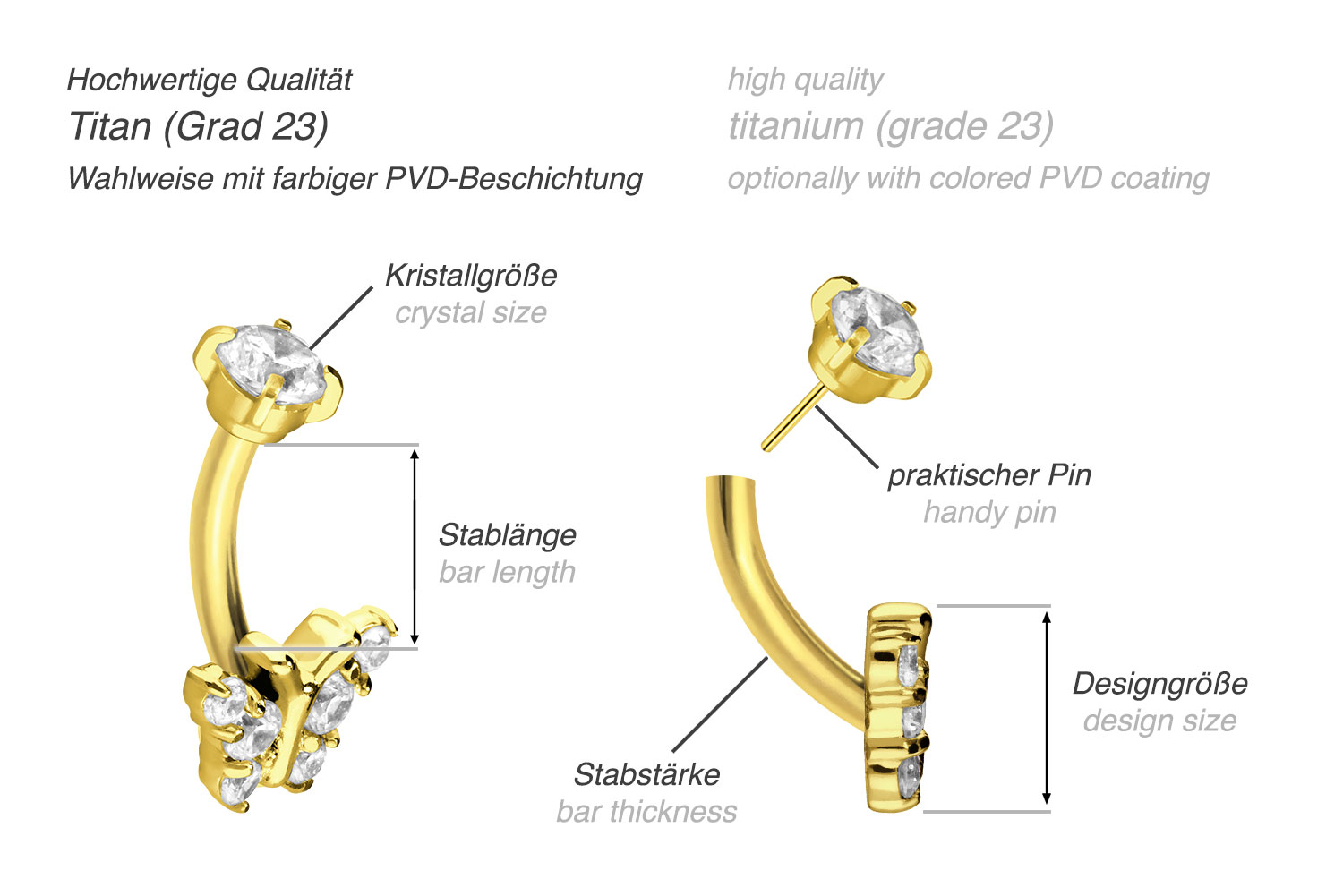 Titanium banana with push fit CRYSTAL BUTTERFLY