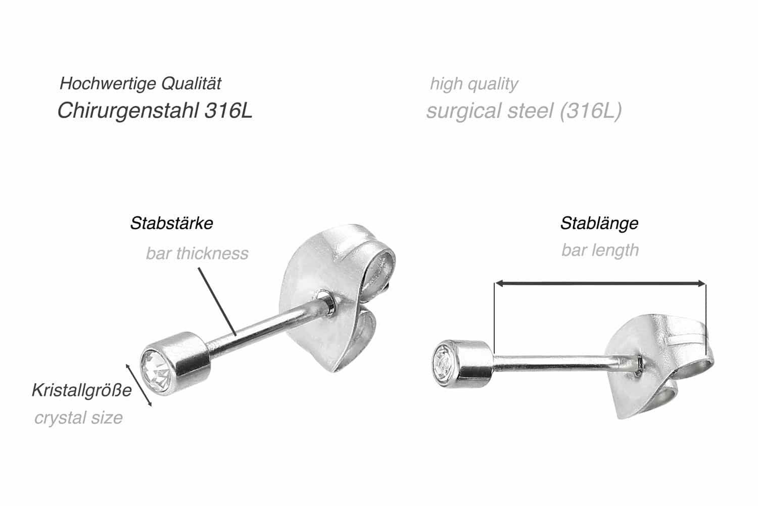 Surgical steel ear studs CRYSTAL