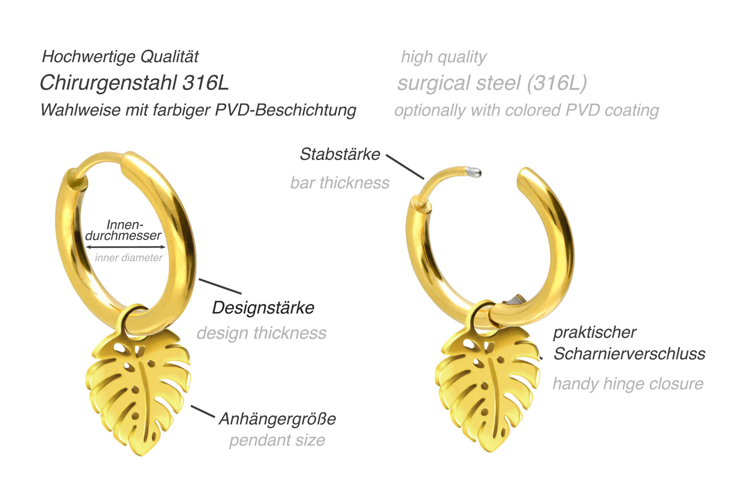 Surgical steel ear clicker creoles PALM LEAF