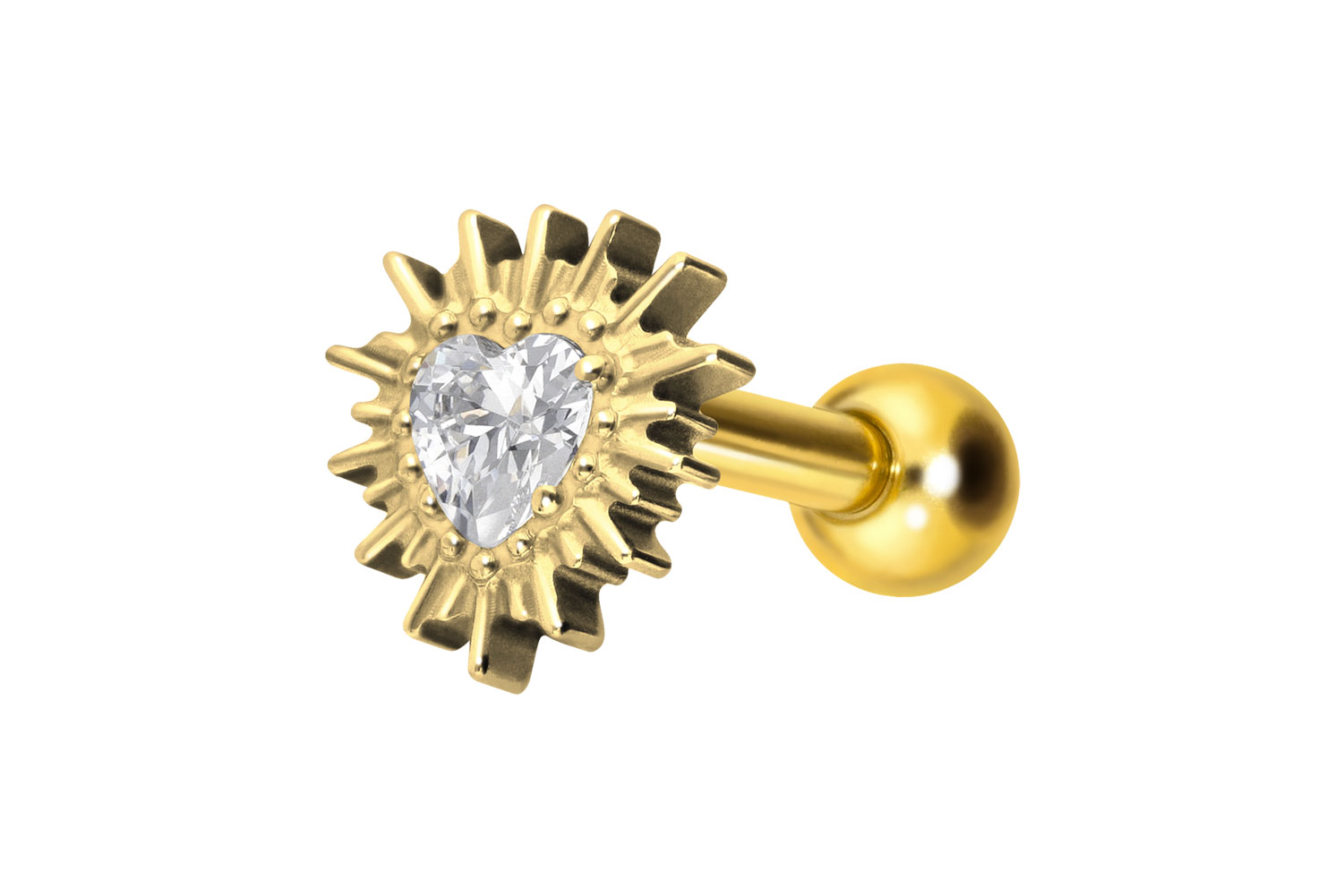 Titan Ohrpiercing mit Innengewinde KRISTALLHERZ + SONNENSTRAHLEN