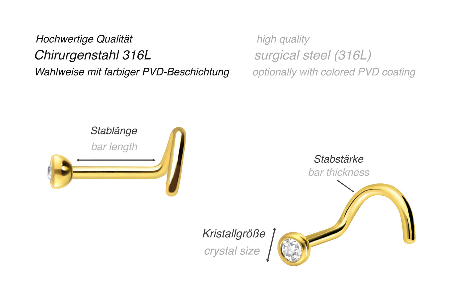 3er Set Chirurgenstahl Nasenstecker Spirale KRISTALL