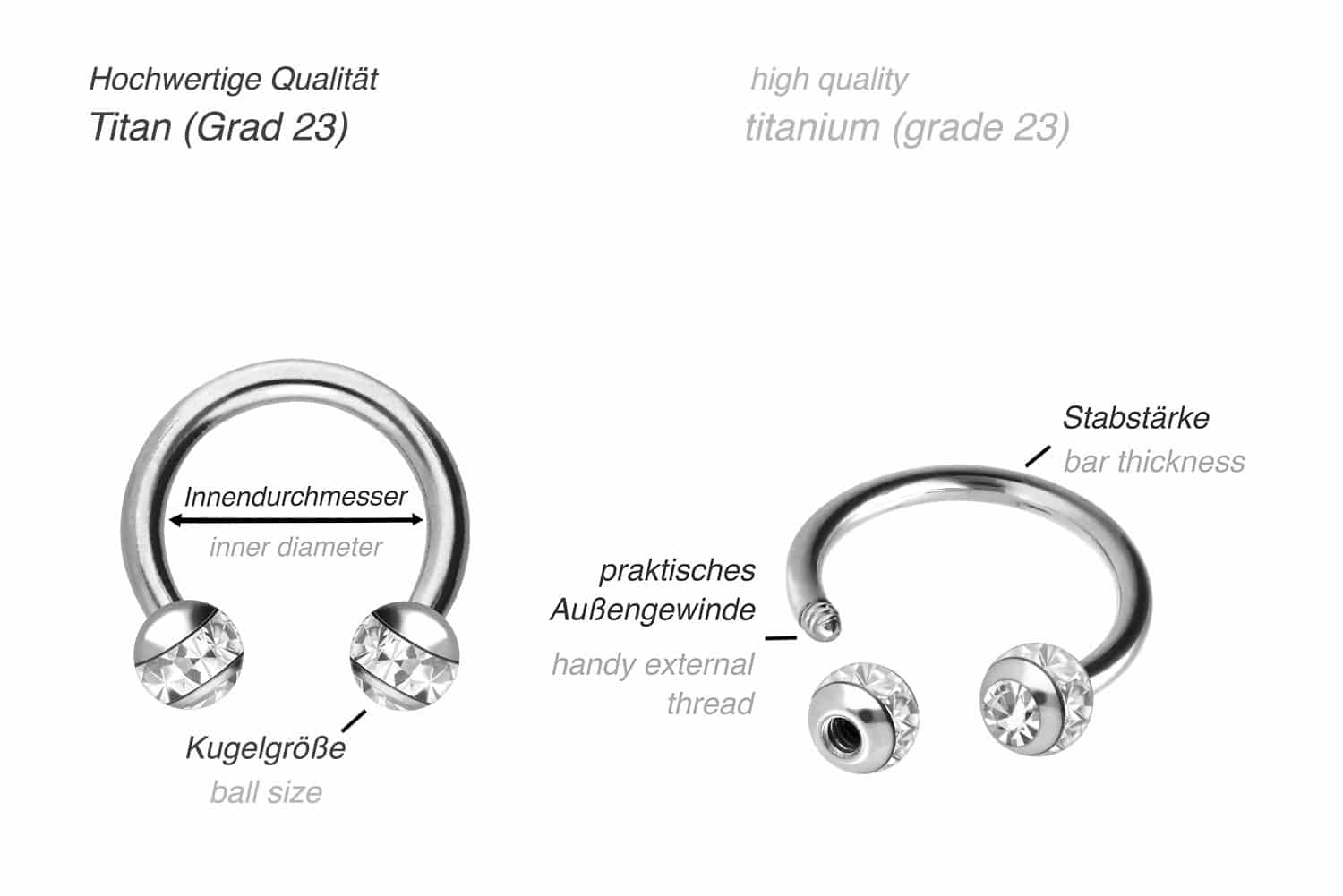 Titanium circular barbell EPOXY RING BALLS + CRYSTALS