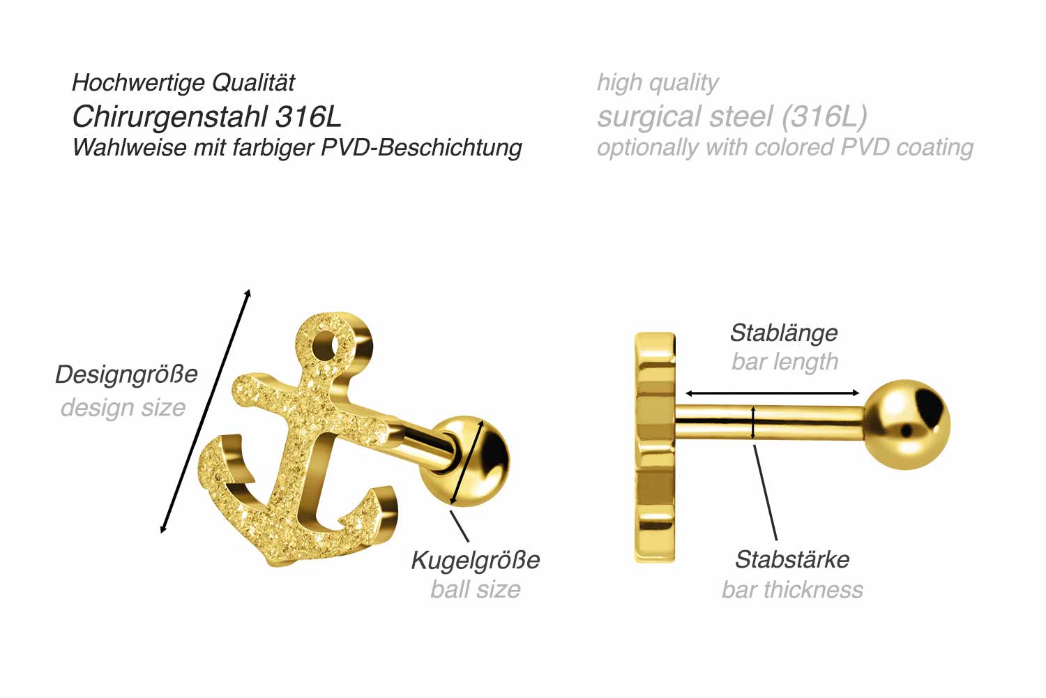 Chirurgenstahl Ohrpiercing ANKER + DIAMANTOPTIK