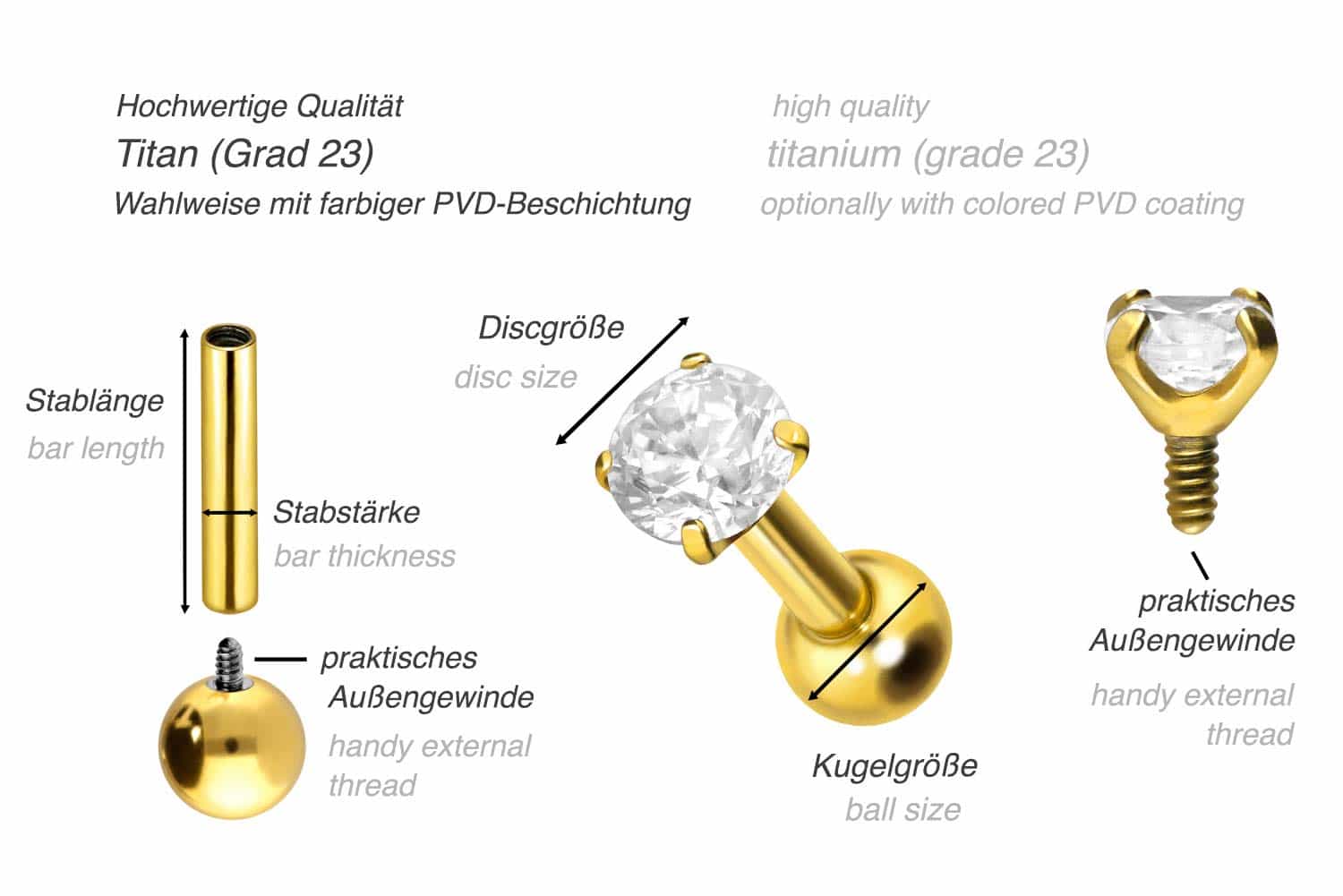 Titan Ohrpiercing mit Innengewinde EINGEFASSTER KRISTALL