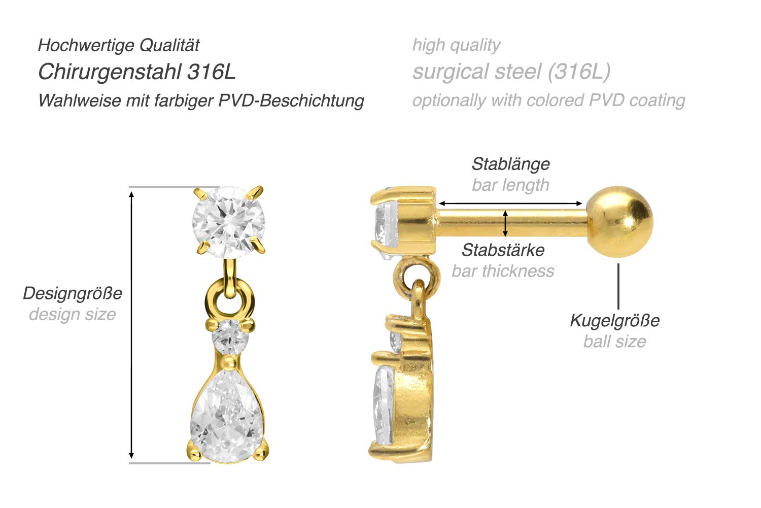 Chirurgenstahl Ohrpiercing EINGEFASSTER KRISTALL + KRISTALLTROPFEN