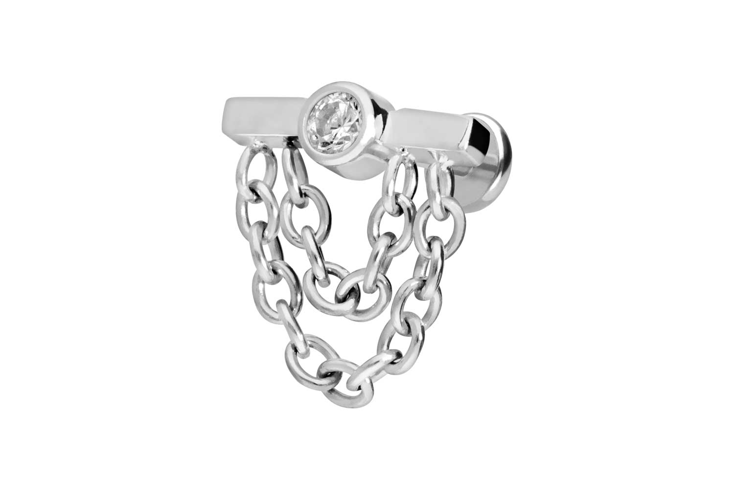Titanium labret with push fit BAR + CRYSTAL + 2 CHAINS