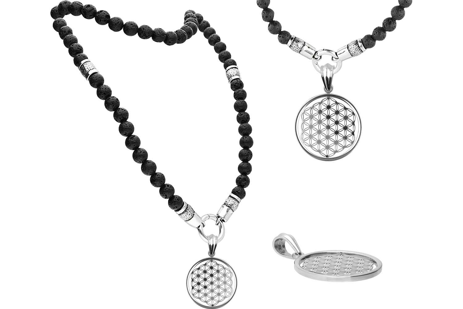 SET Lava stone ball chain + surgical steel chain pendant FLOWER OF LIFE