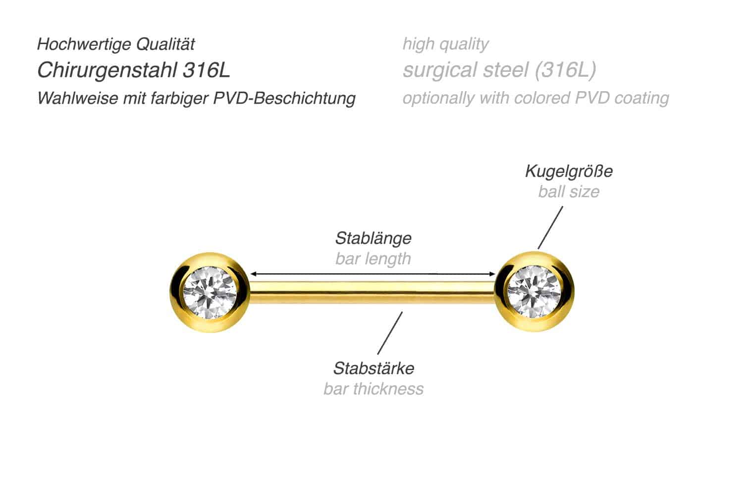 Surgical steel barbell LATERAL CRYSTALS