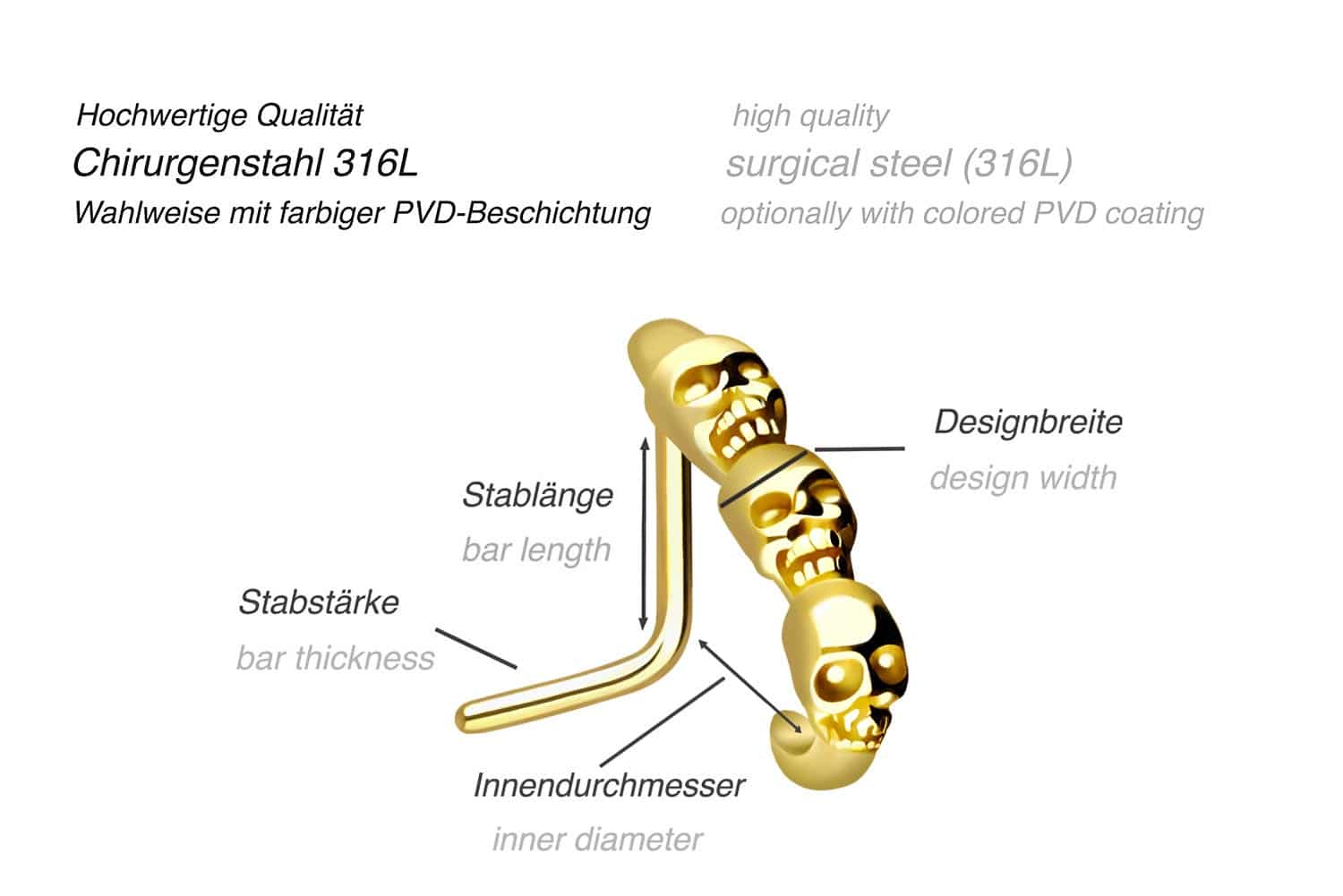 Chirurgenstahl Nasenstecker 3 TOTENKÖPFE