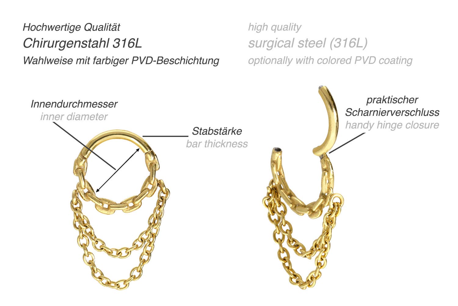 Surgical steel segment ring clicker CHAIN DESIGN + 2 ANCHOR CHAINS