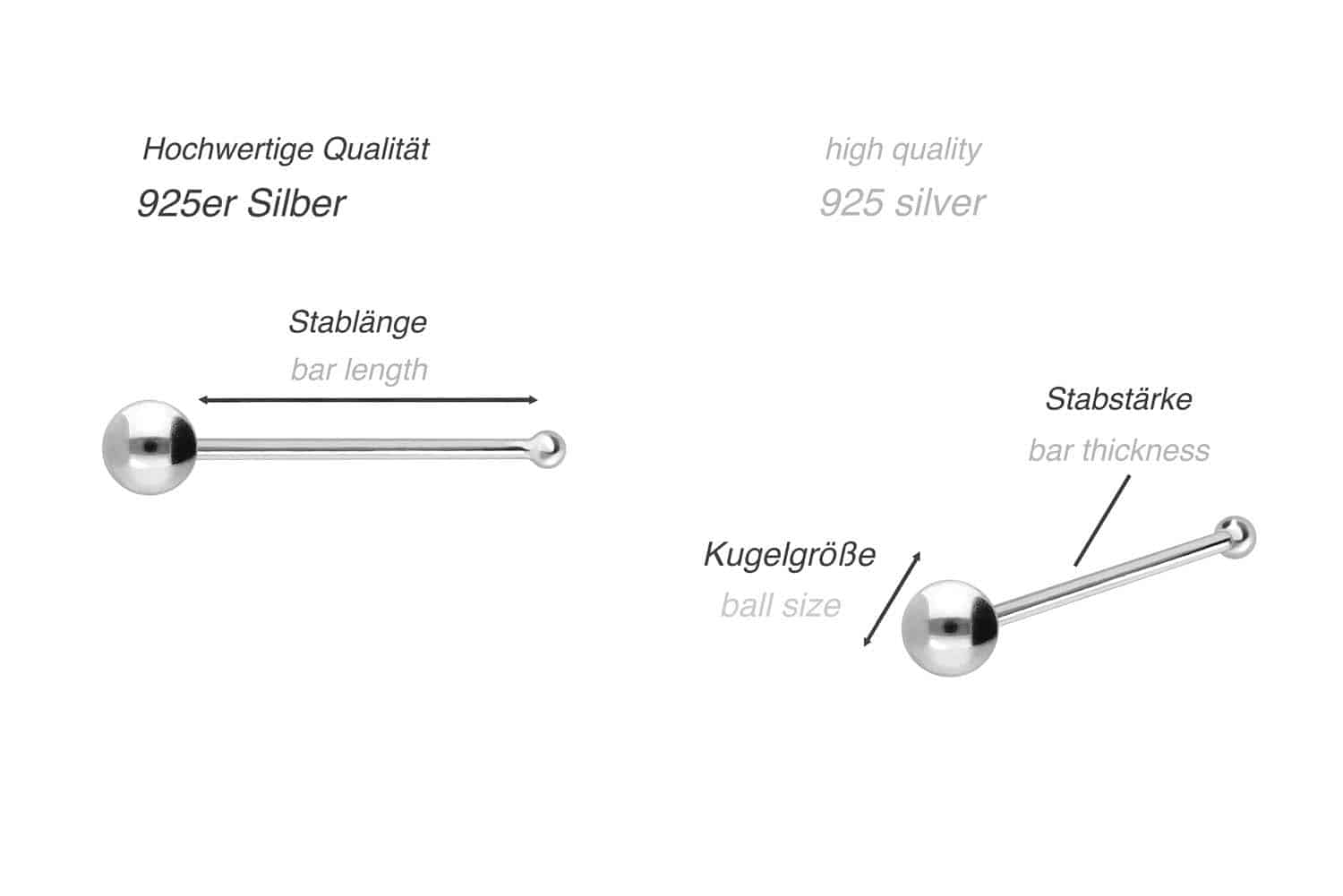 SET 925er Silber Nasenstecker Pin KUGEL