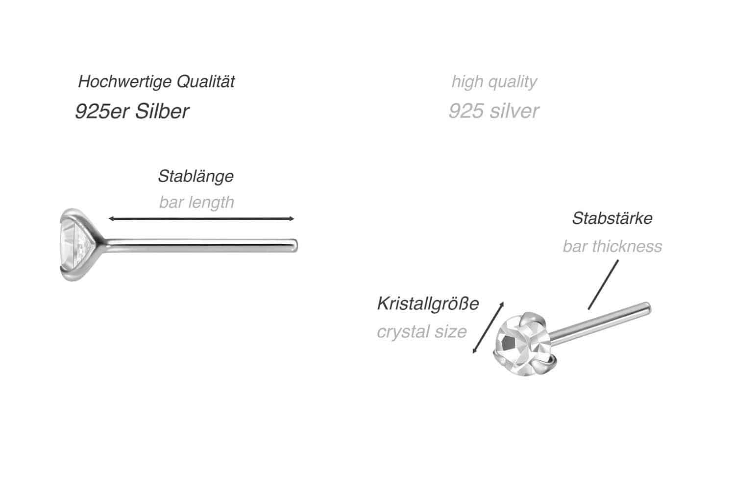 SET 925er Silber Nasenstecker RUNDER KRISTALL - biegbar