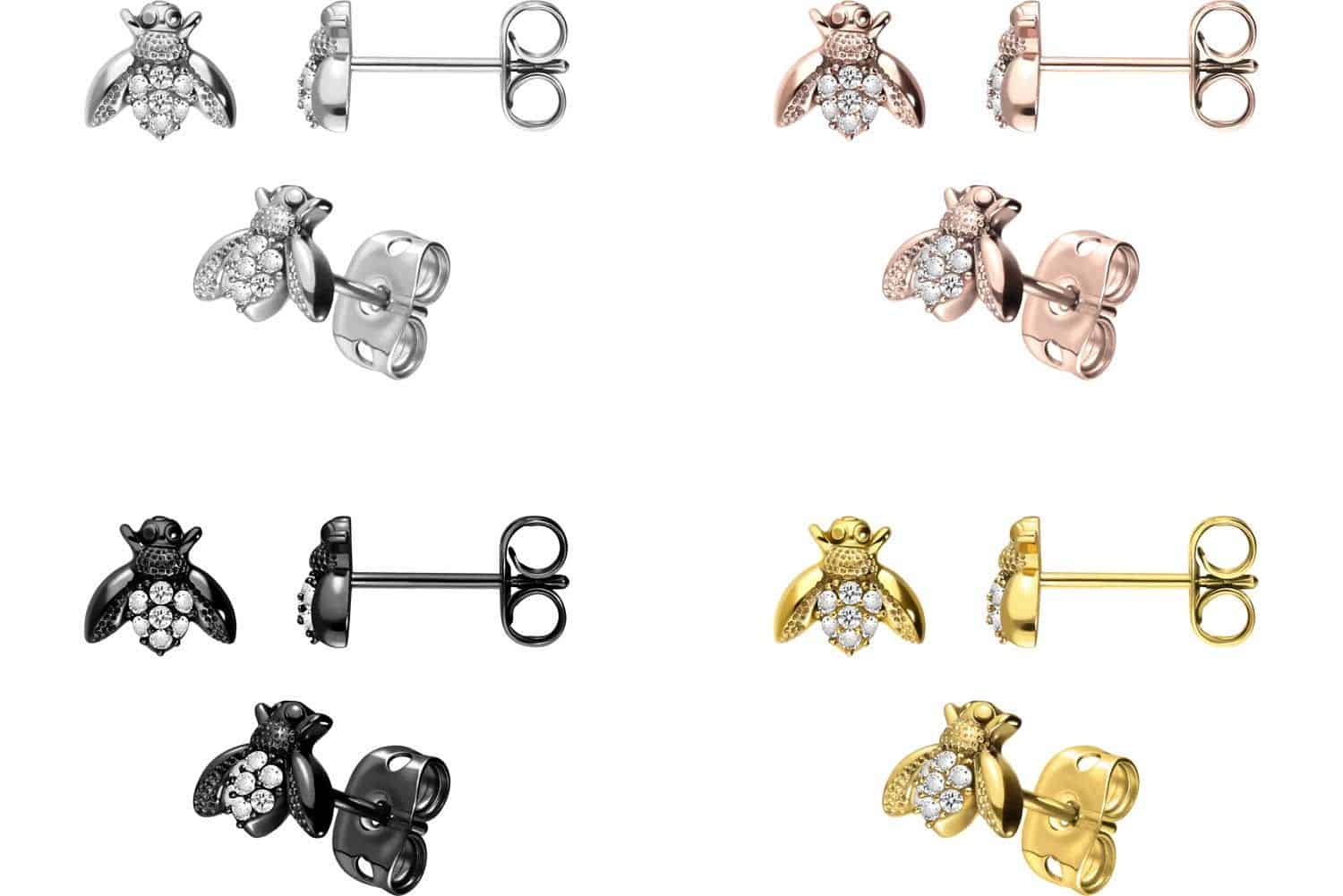 Surgical steel ear studs BEE + SETTED CRYSTALS