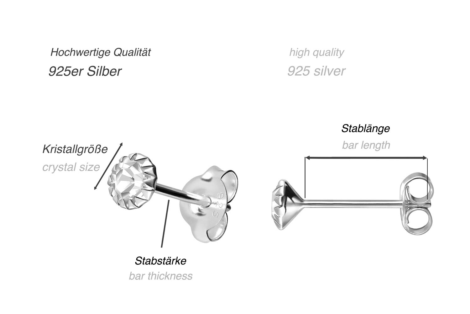 925er Silber Ohrstecker PLATINIERT + RUNDER KRISTALL