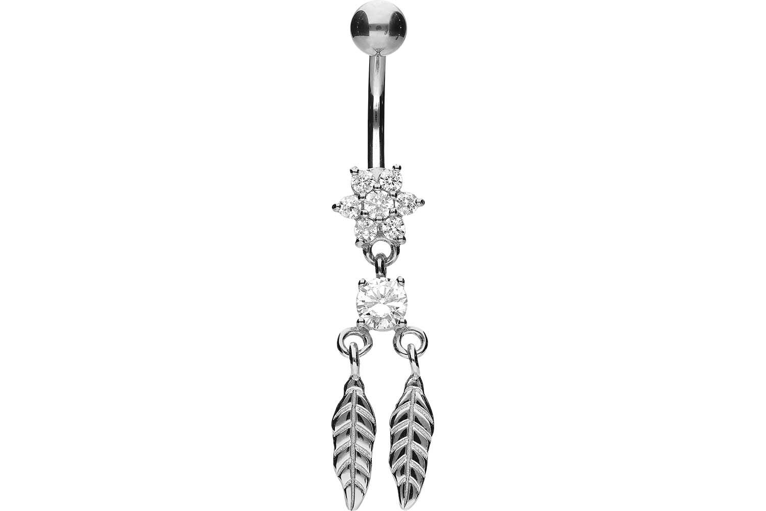 Titanium bananabell with 925 silver design CRYSTAL FLOWER + TWO FEATHERS ++SALE+