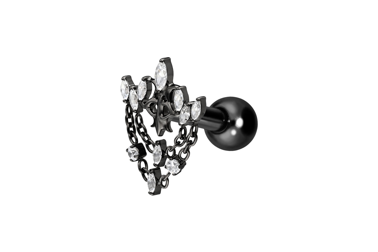 Titanium ear piercing with internal thread GOTHIC CROWN + CHAINS