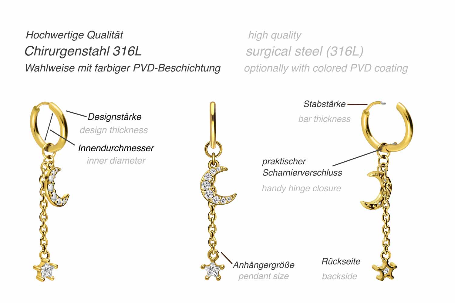 Surgical steel ear clicker creoles CRYSTAL MOON + CRYSTAL STAR