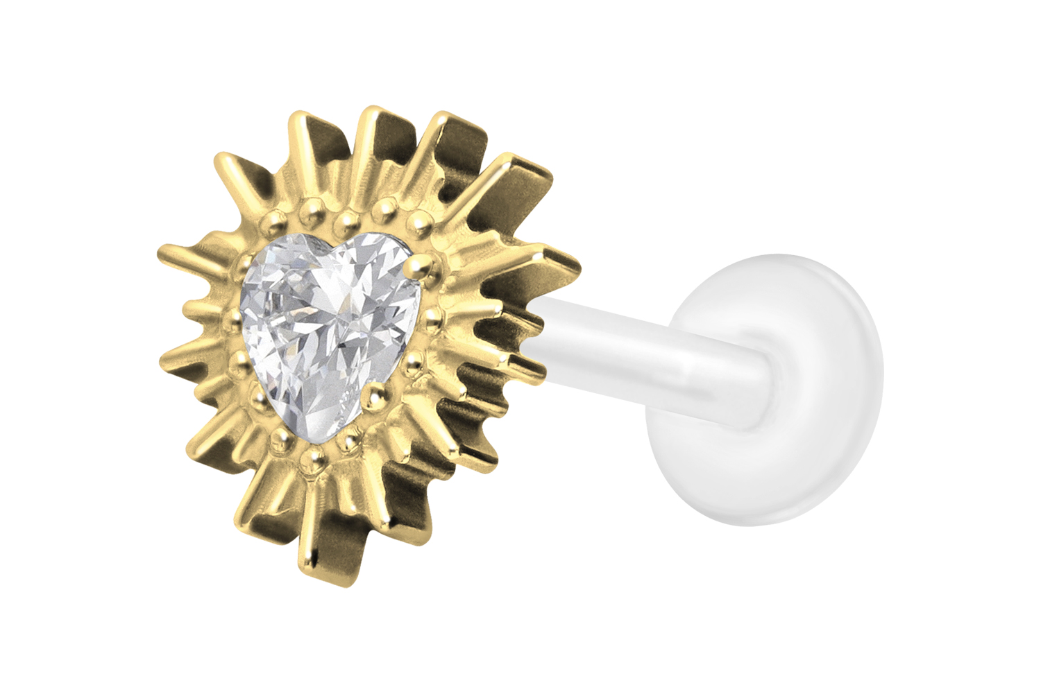 PTFE Labret mit Innengewinde + Titan-Aufsatz KRISTALLHERZ + SONNENSTRAHLEN