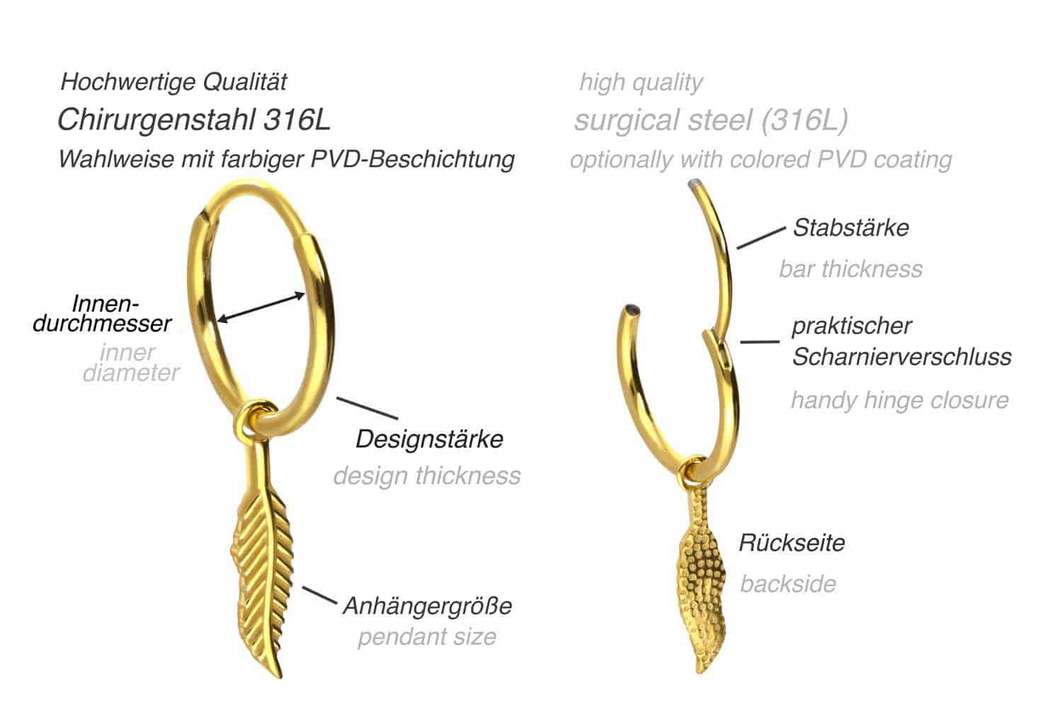 Surgical steel ear clicker creoles FEATHER