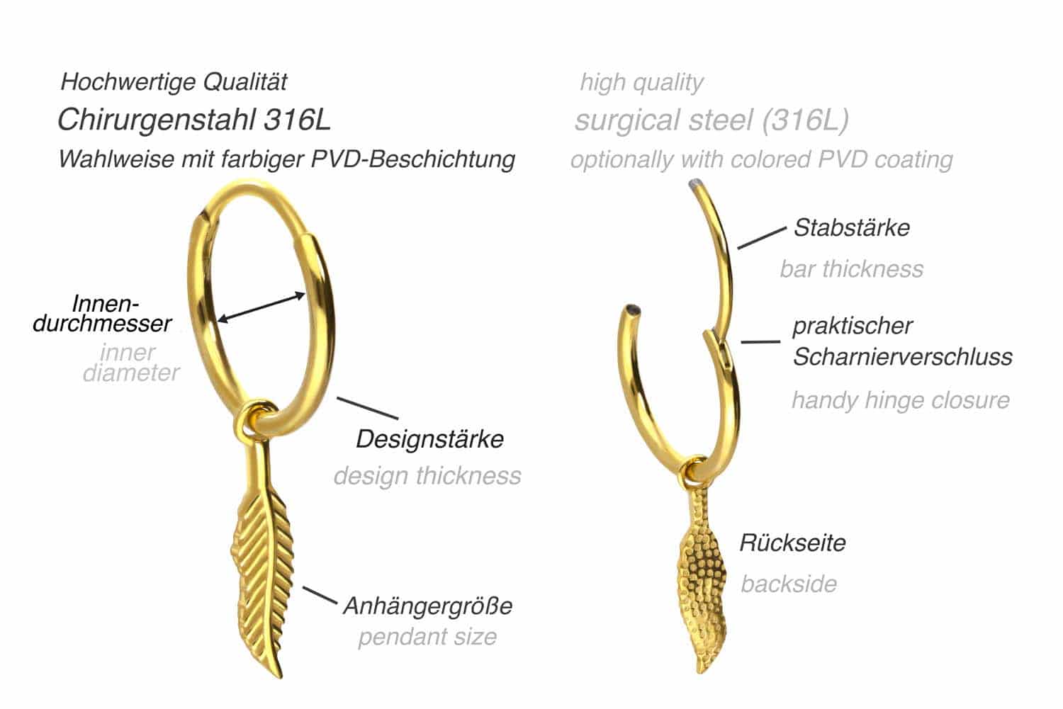 Surgical steel ear clicker creoles FEATHER