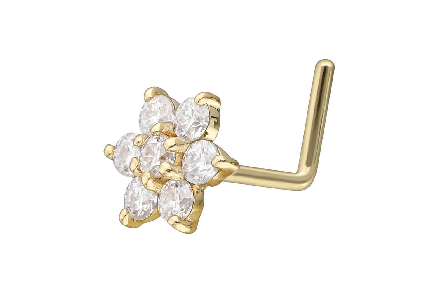 14/18 Karat Gold Nasenstecker L-Form MOISSANIT-BLUME