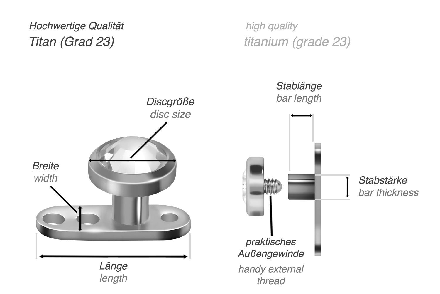 Titanium dermal anchor with 3 holes DISC + CRYSTAL