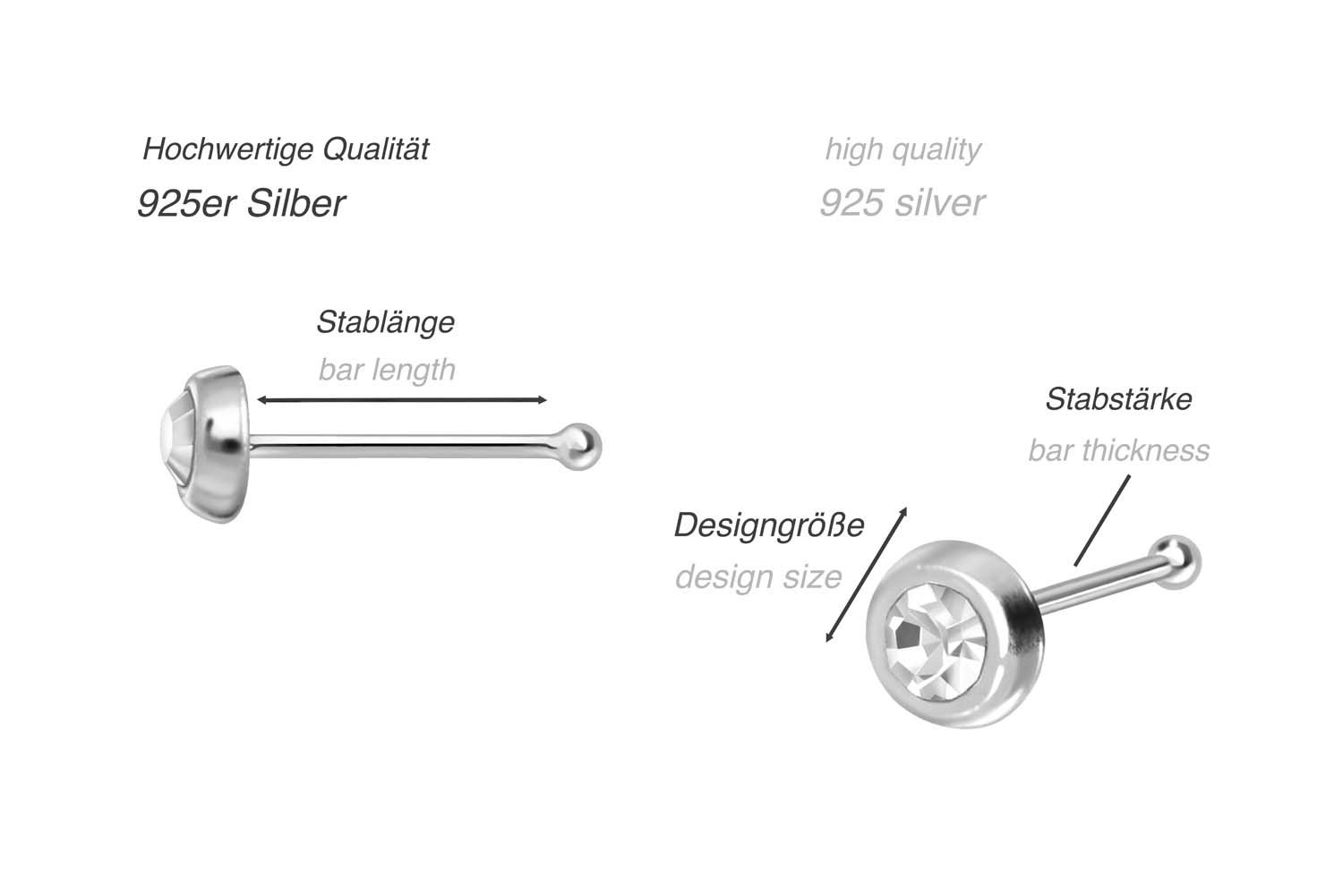 925er Silber Nasenstecker Pin RUNDER KRISTALL