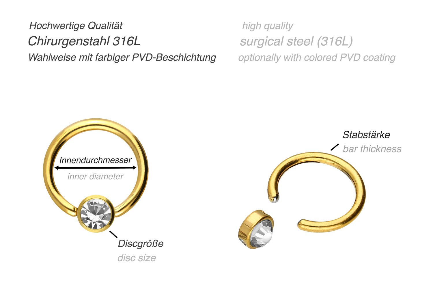 Chirurgenstahl Klemmkugelring DISC + KRISTALL