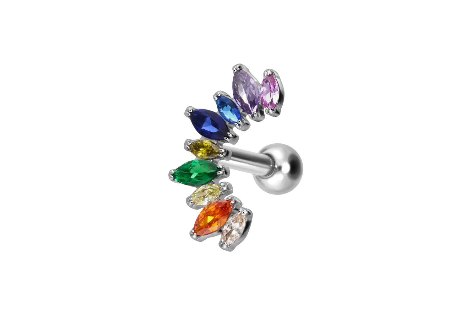 Titanium ear piercing with internal thread MULTICOLORED CRYSTAL ARCH