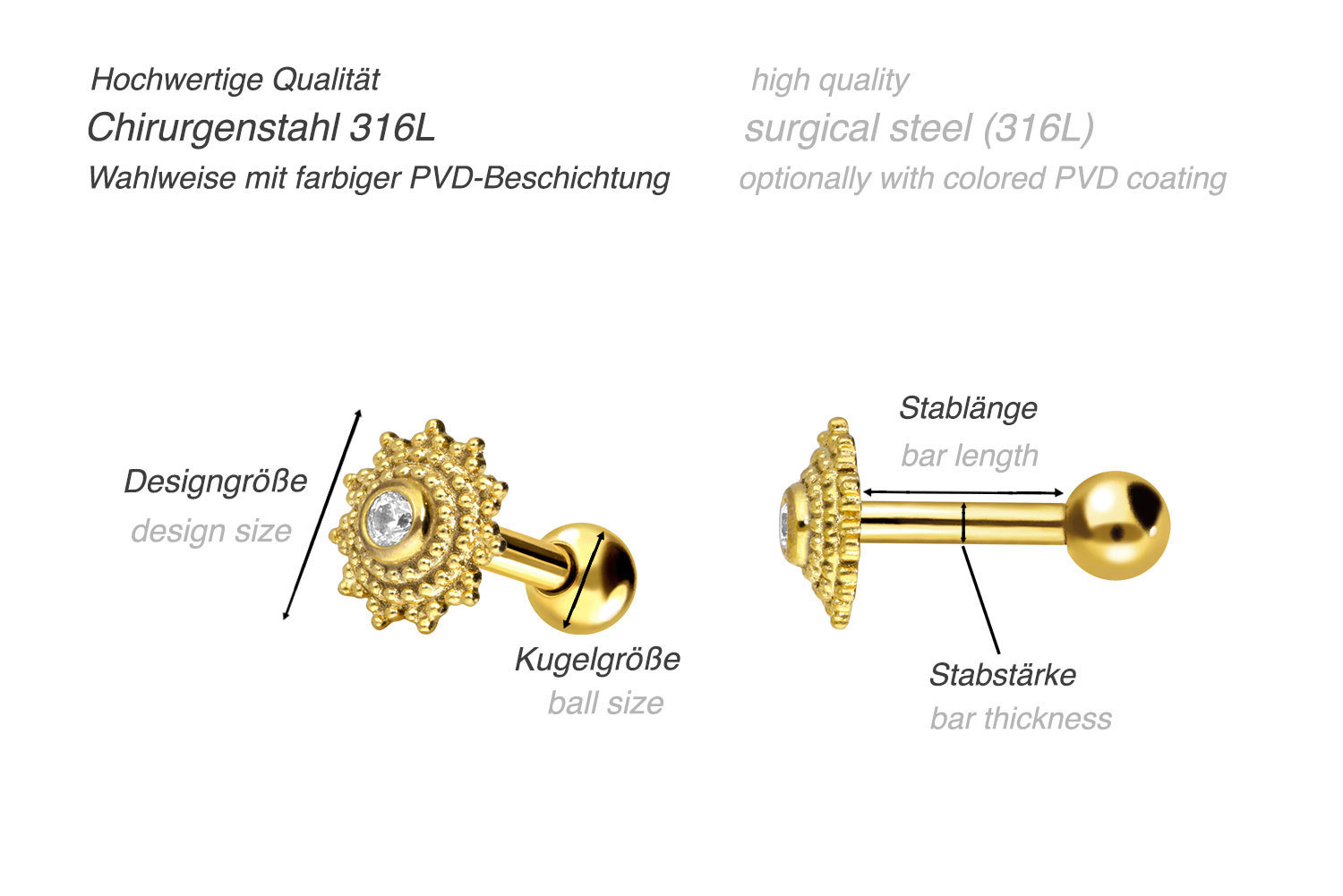 Chirurgenstahl Ohrpiercing ORIENTALISCHES DESIGN + KRISTALL