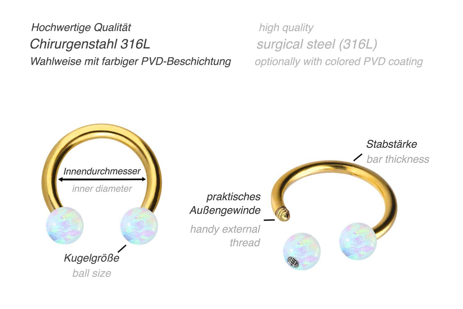 Chirurgenstahl Hufeisenring SYNTHETISCHE OPALE