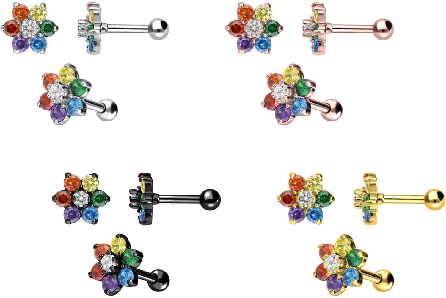 Surgical steel ear piercing MULTICOLORED CRYSTAL FLOWER