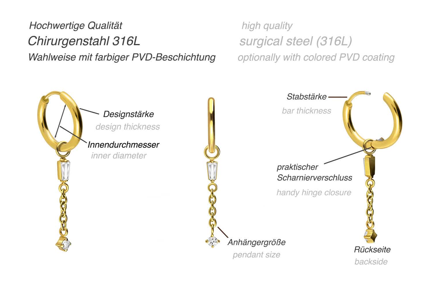 Chirurgenstahl Ohrclicker Creolen 2 KRISTALLE + KETTE