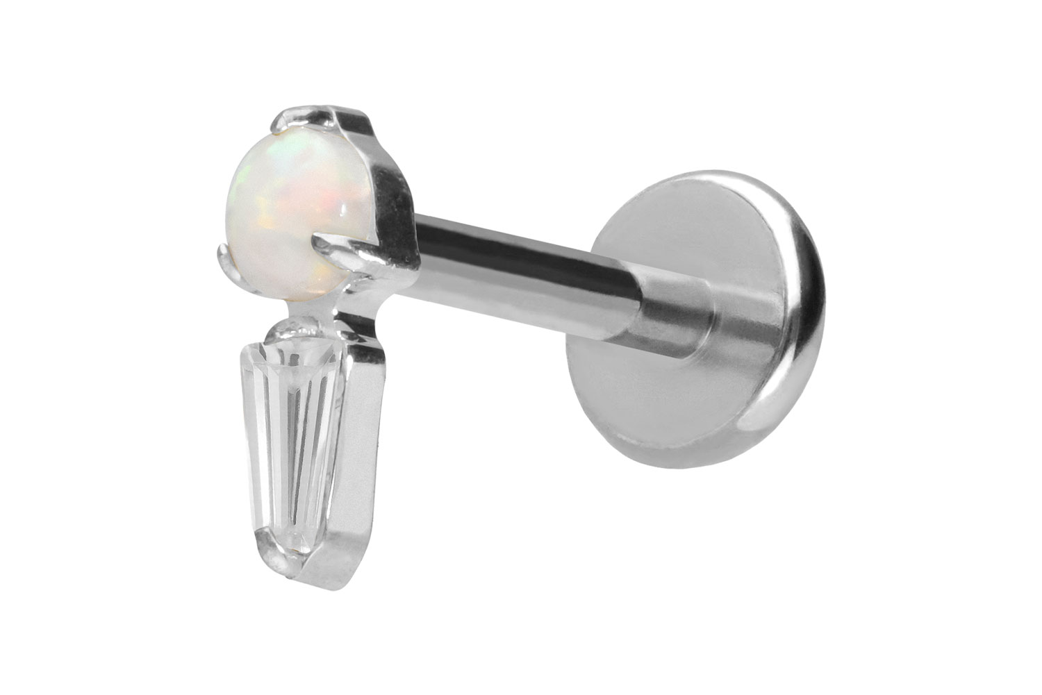 Titanium labret with push fit SYNTHETIC OPAL + CRYSTAL RECTANGLE
