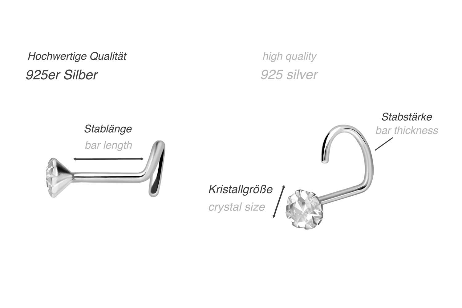 SET 925er Silber Nasenstecker Spirale EINGEFASSTER KRISTALL