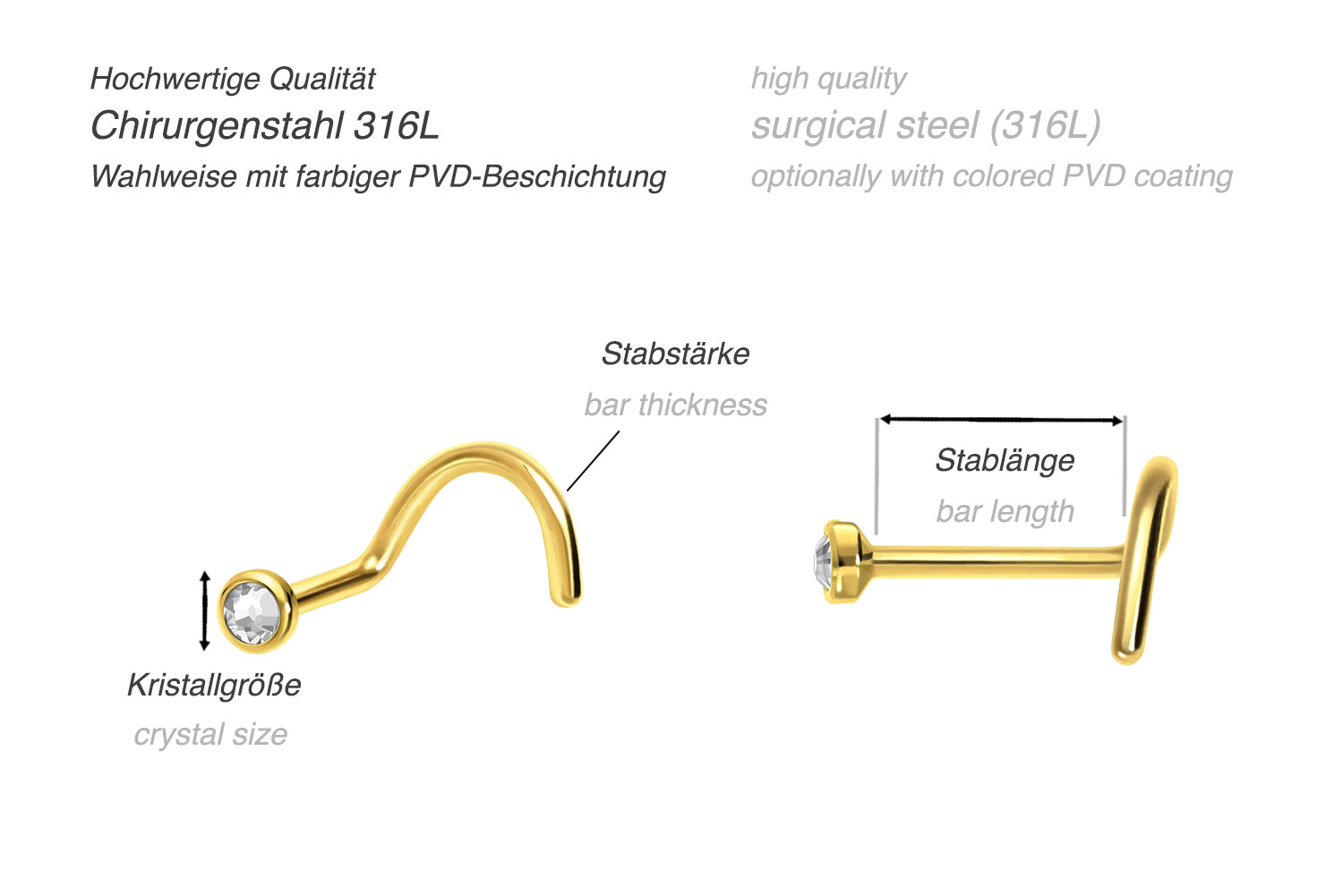 SET Chirurgenstahl Nasenstecker Spirale FLACHE KRISTALLDISC