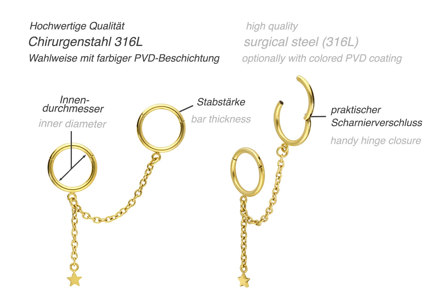 Surgical steel segment ring clicker 2 RINGS + CHAIN + STAR