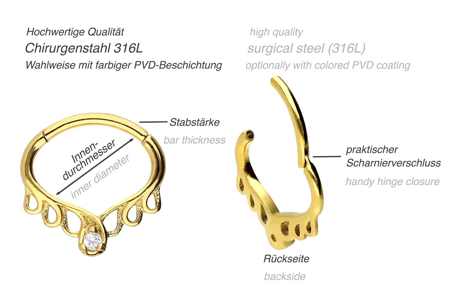 Chirurgenstahl Segmentring Clicker ORIENTALISCHES DESIGN + KRISTALL ++SALE++