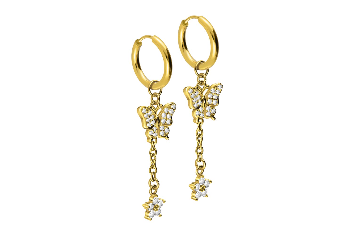 Surgical steel ear clicker creoles CRYSTAL BUTTERFLY + CRYSTAL FLOWER