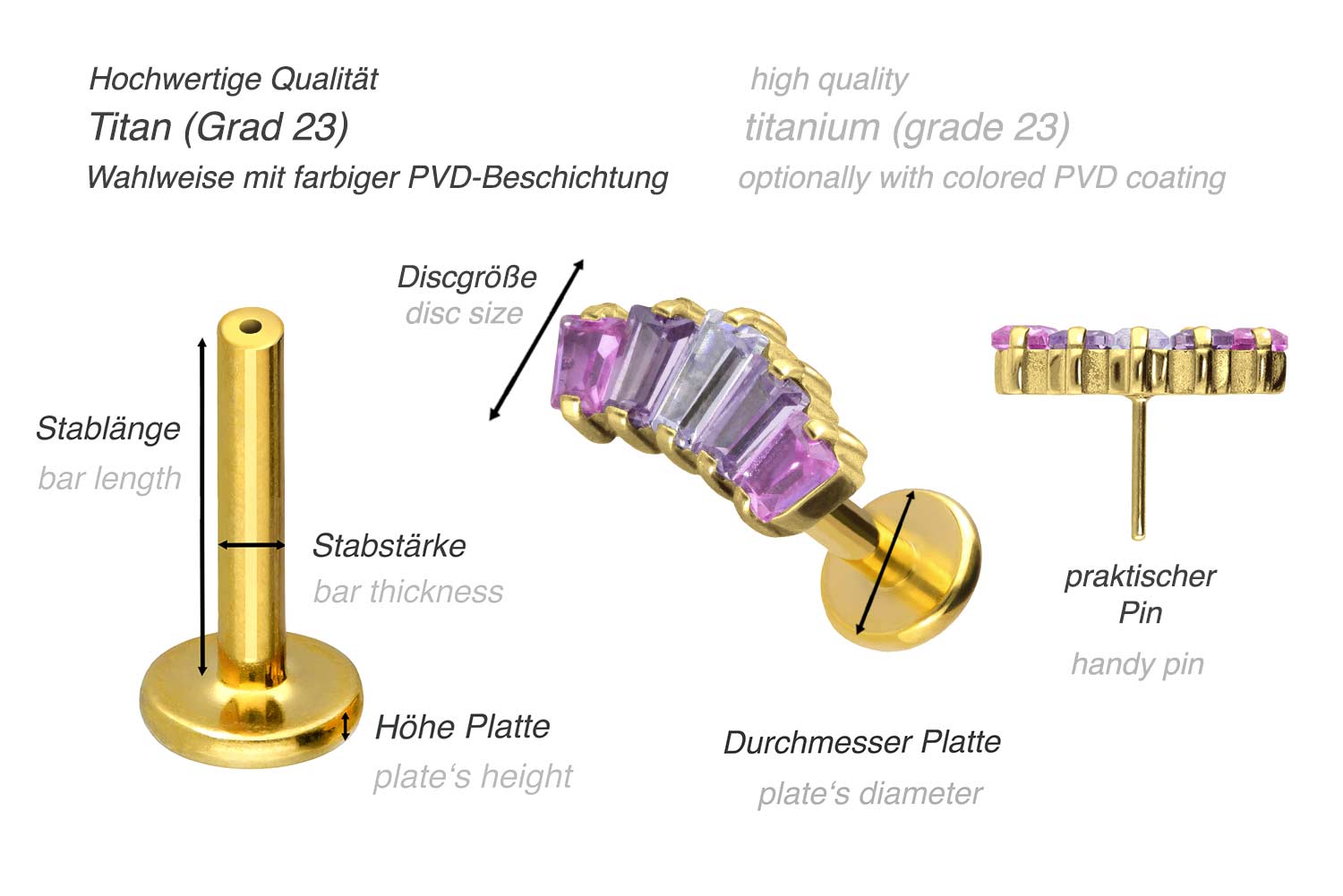 Titan Labret mit Push Fit 5 EINGEFASSTE KRISTALLRECHTECKE