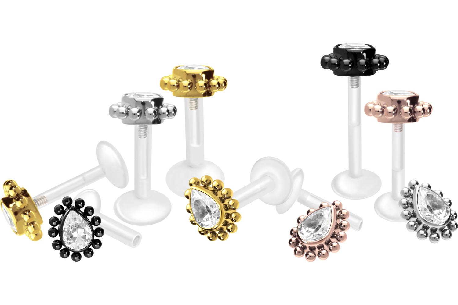 PTFE Labret mit Innengewinde + Titan-Aufsatz KRISTALLTROPFEN + KUGELN