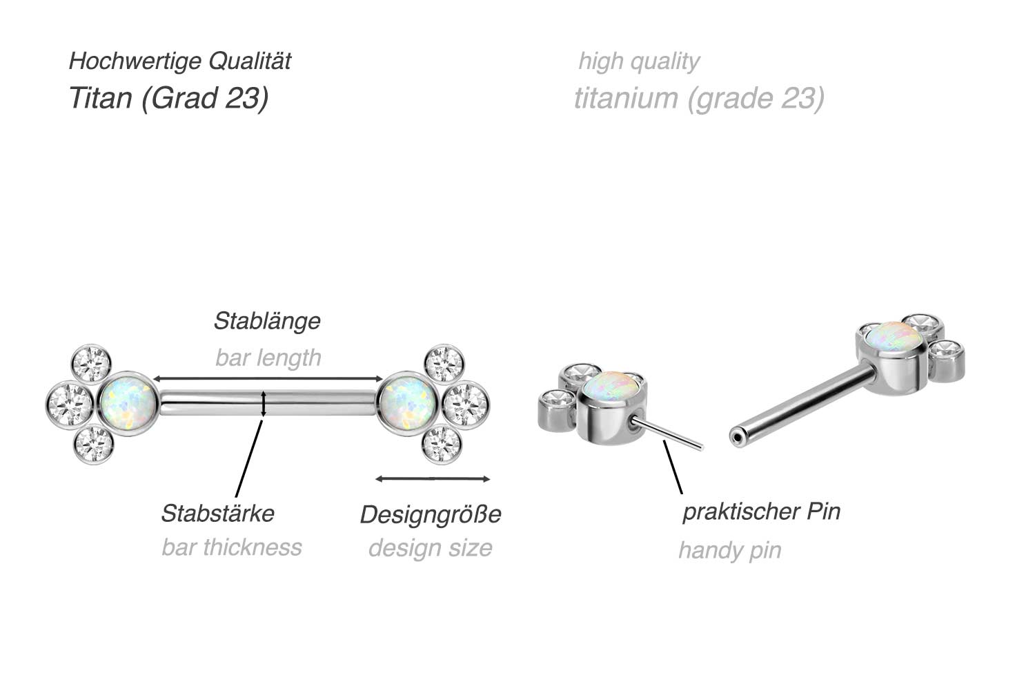 Titan Barbell mit Push Fit SYNTHETISCHER OPAL + 3 KRISTALLE